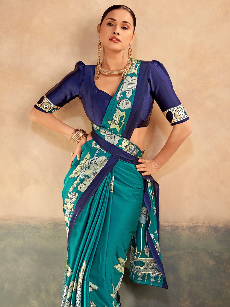 Lovely Teal Green Kalamkari Print Satin Traditional Saree With Blouse