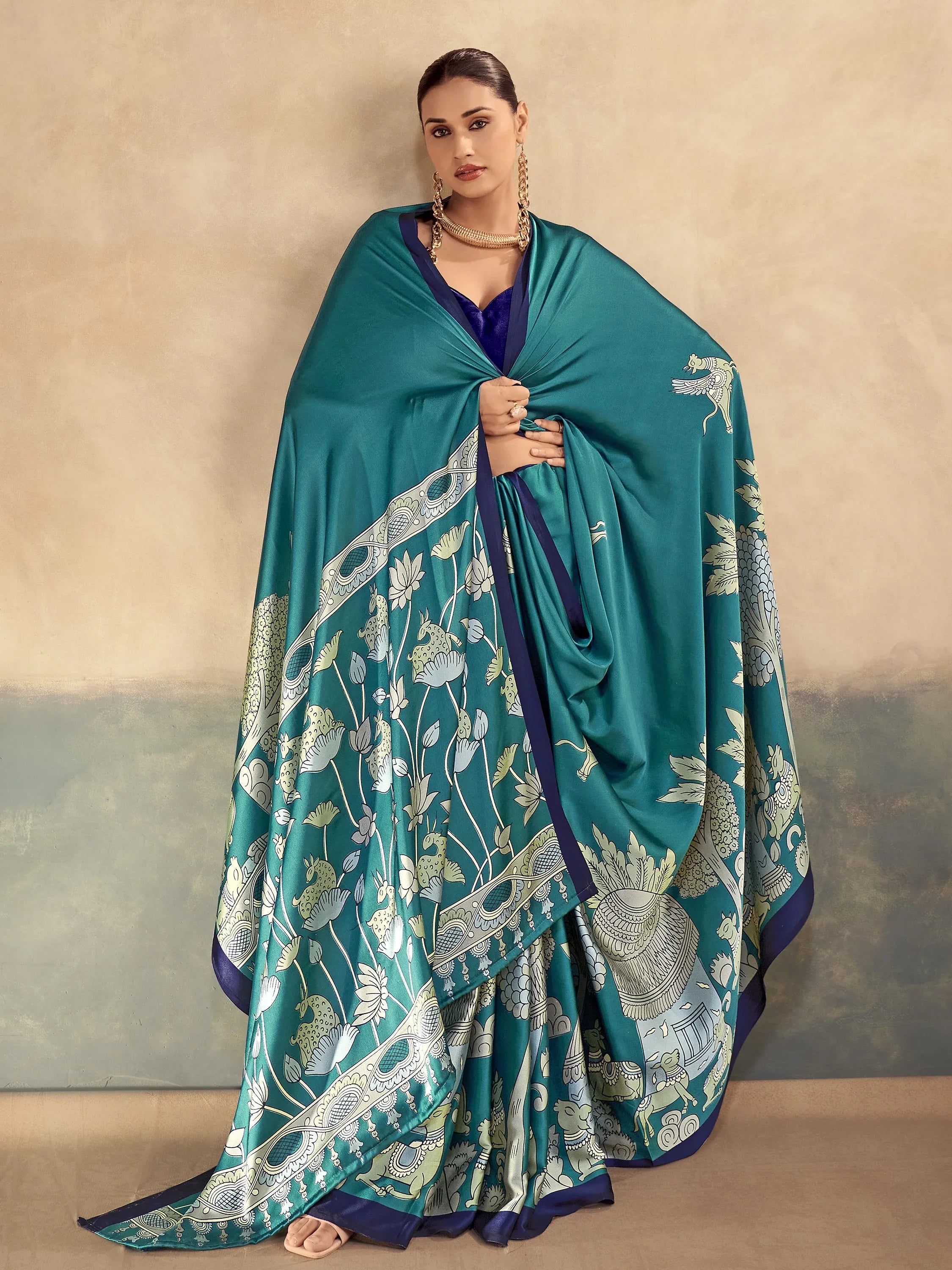 Lovely Teal Green Kalamkari Print Satin Traditional Saree With Blouse