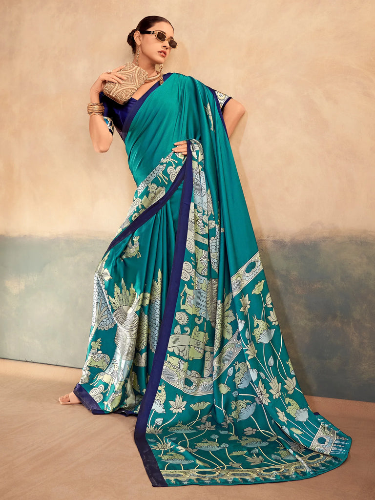 Lovely Teal Green Kalamkari Print Satin Traditional Saree With Blouse