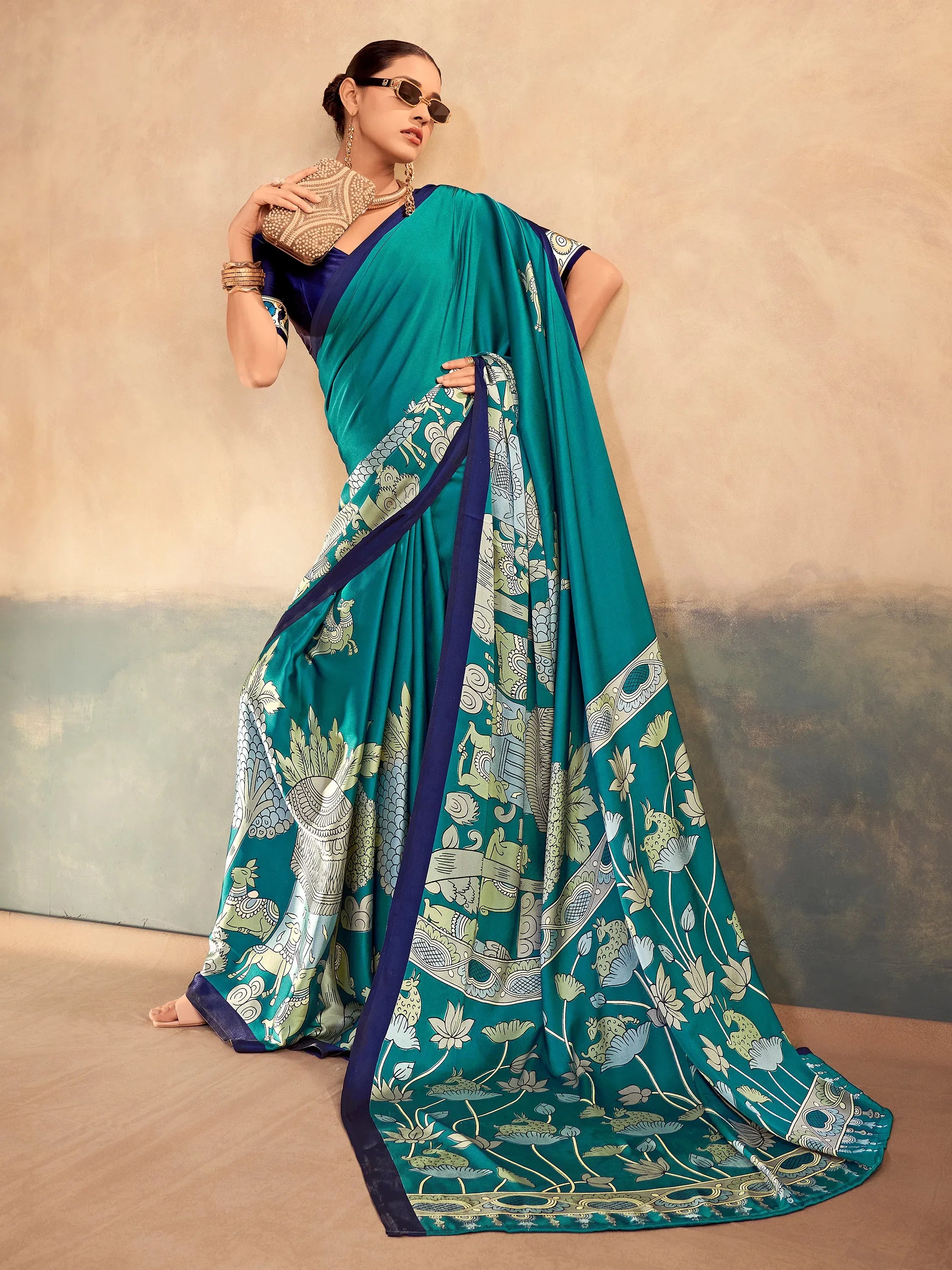Lovely Teal Green Kalamkari Print Satin Traditional Saree With Blouse