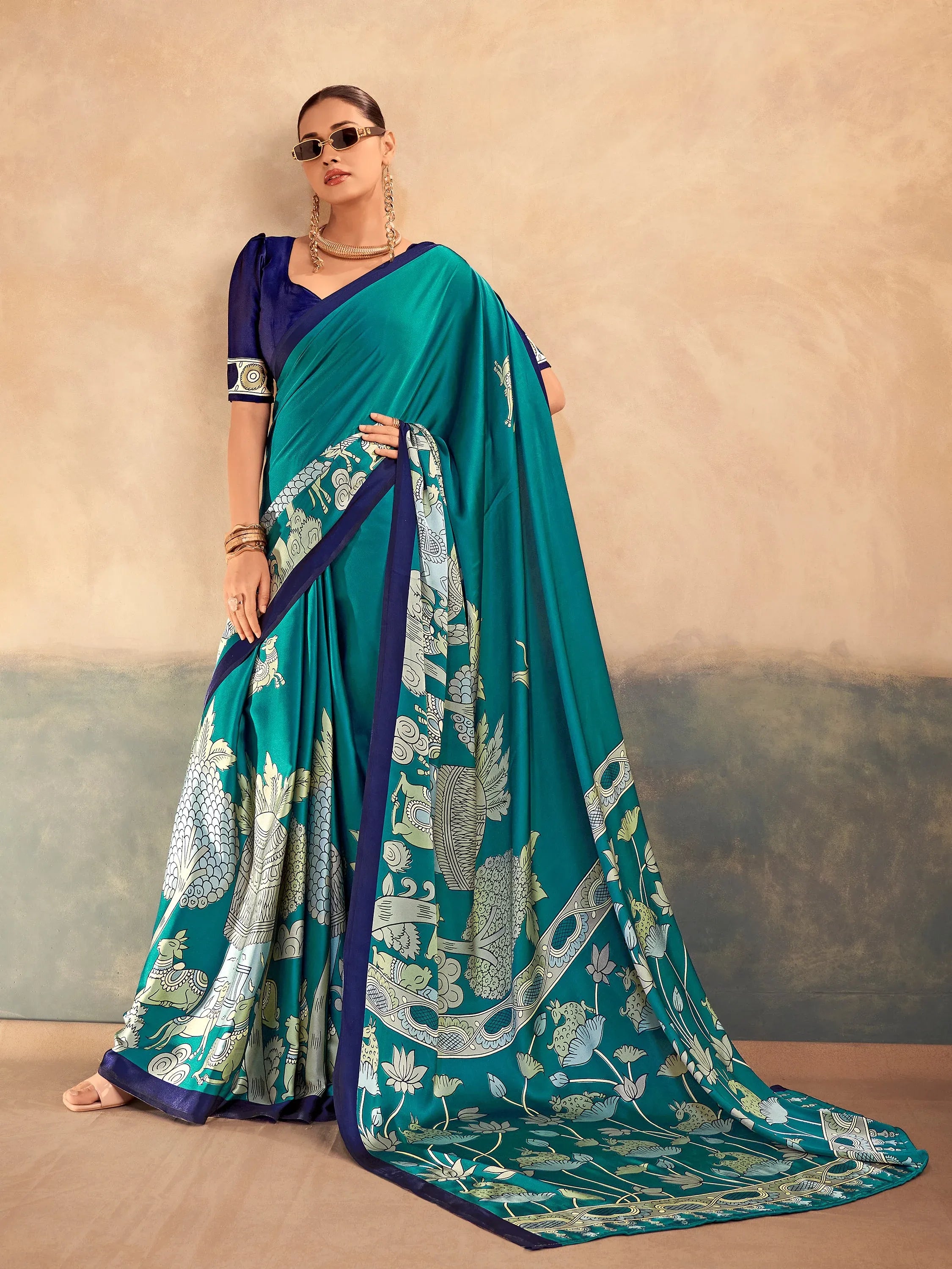 Lovely Teal Green Kalamkari Print Satin Traditional Saree With Blouse