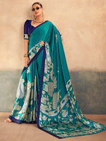 Lovely Teal Green Kalamkari Print Satin Traditional Saree With Blouse