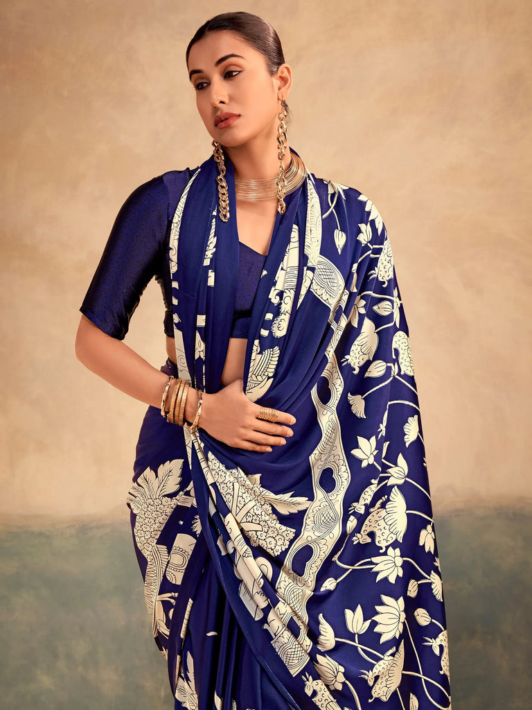 Regal Navy Blue Kalamkari Print Satin Event Wear Saree With Blouse