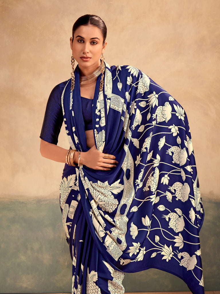 Regal Navy Blue Kalamkari Print Satin Event Wear Saree With Blouse