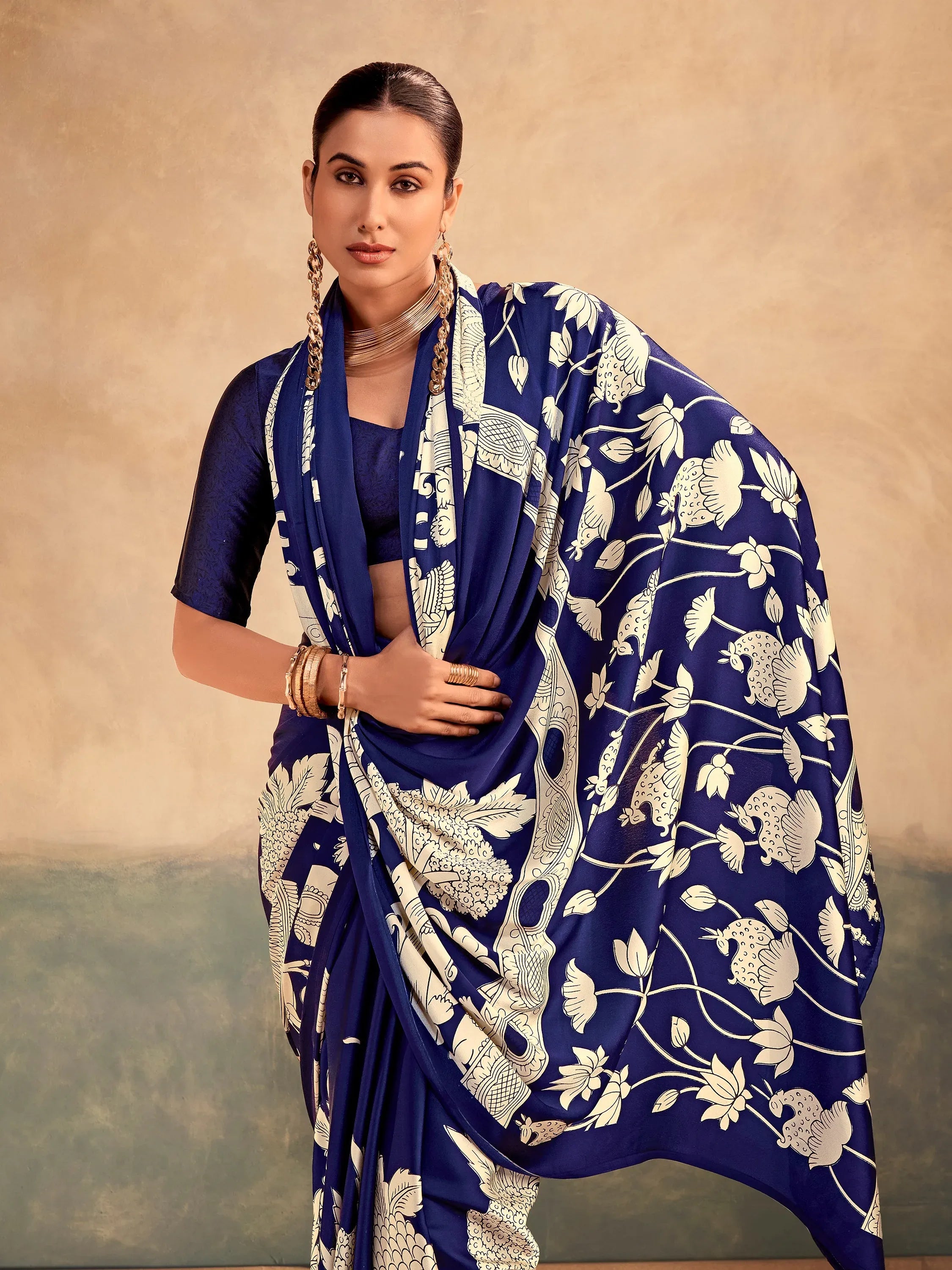 Regal Navy Blue Kalamkari Print Satin Event Wear Saree With Blouse
