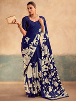Regal Navy Blue Kalamkari Print Satin Event Wear Saree With Blouse