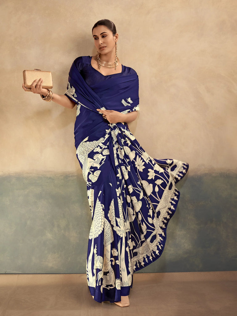 Regal Navy Blue Kalamkari Print Satin Event Wear Saree With Blouse