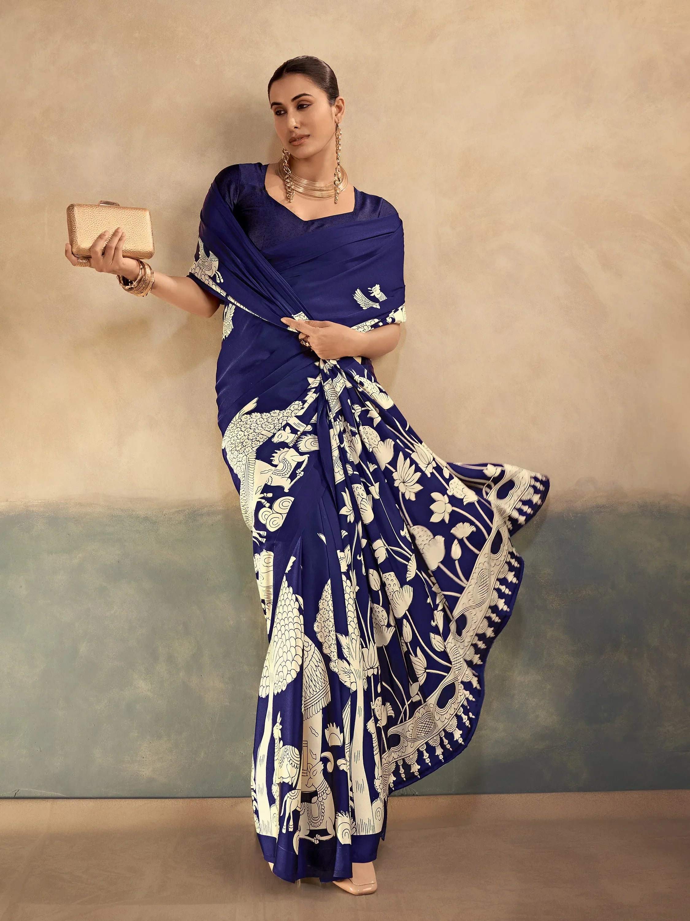 Regal Navy Blue Kalamkari Print Satin Event Wear Saree With Blouse