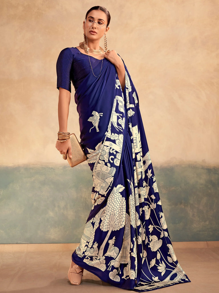 Regal Navy Blue Kalamkari Print Satin Event Wear Saree With Blouse