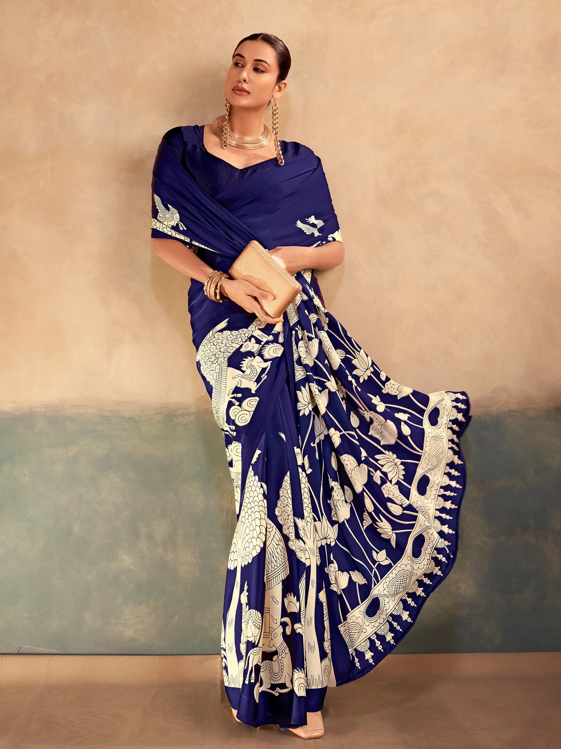 Regal Navy Blue Kalamkari Print Satin Event Wear Saree With Blouse
