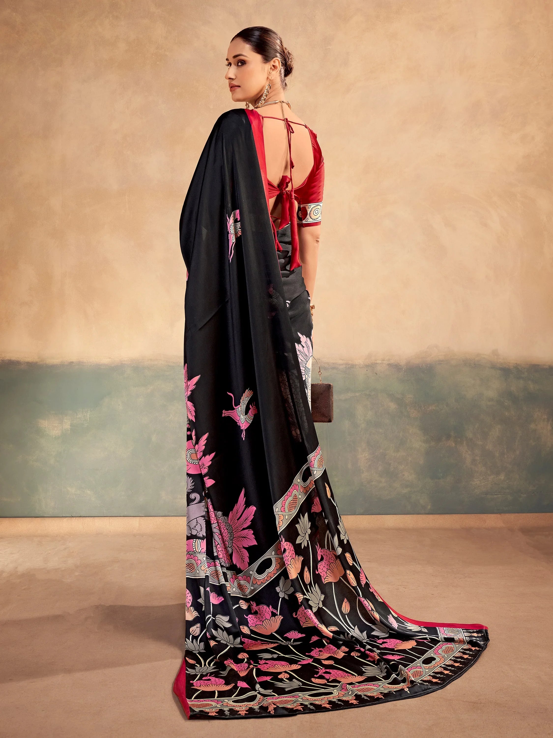 Incredible Black Kalamkari Print Satin Marriage Wear Saree With Blouse