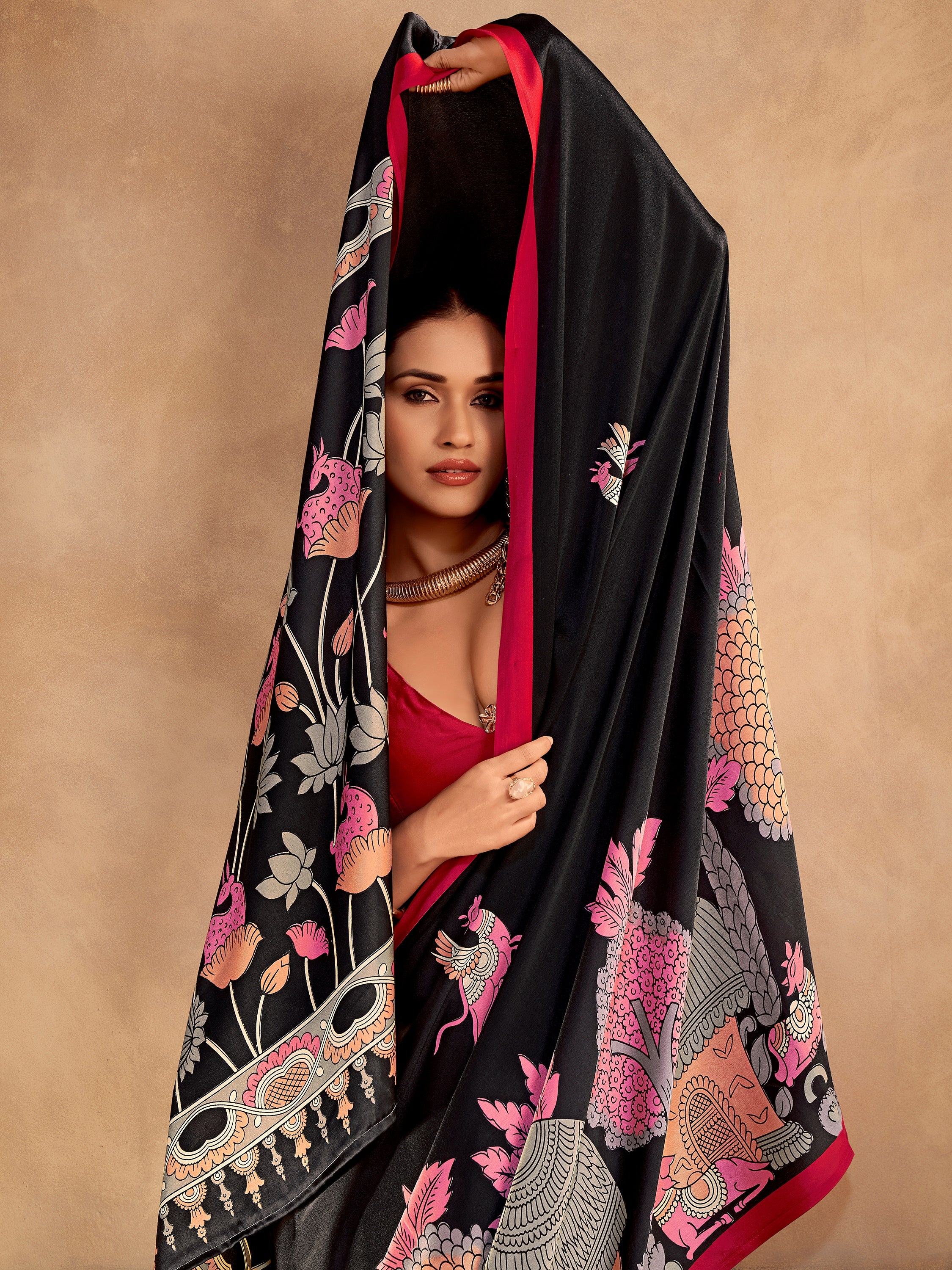 Incredible Black Kalamkari Print Satin Marriage Wear Saree With Blouse