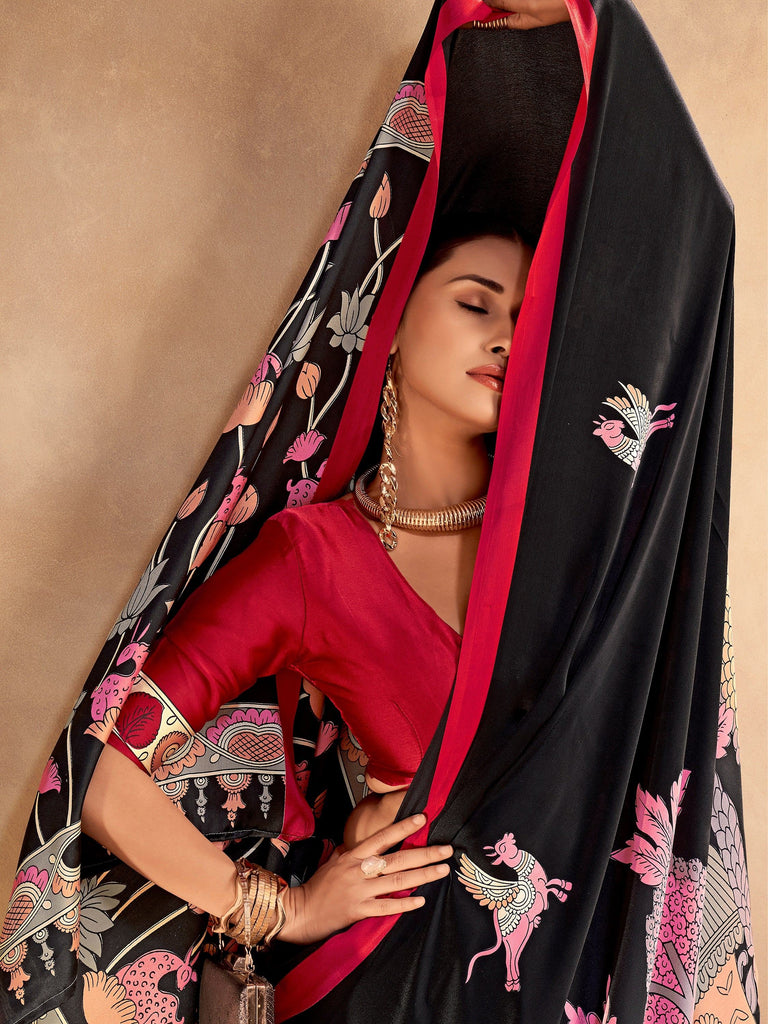 Incredible Black Kalamkari Print Satin Marriage Wear Saree With Blouse