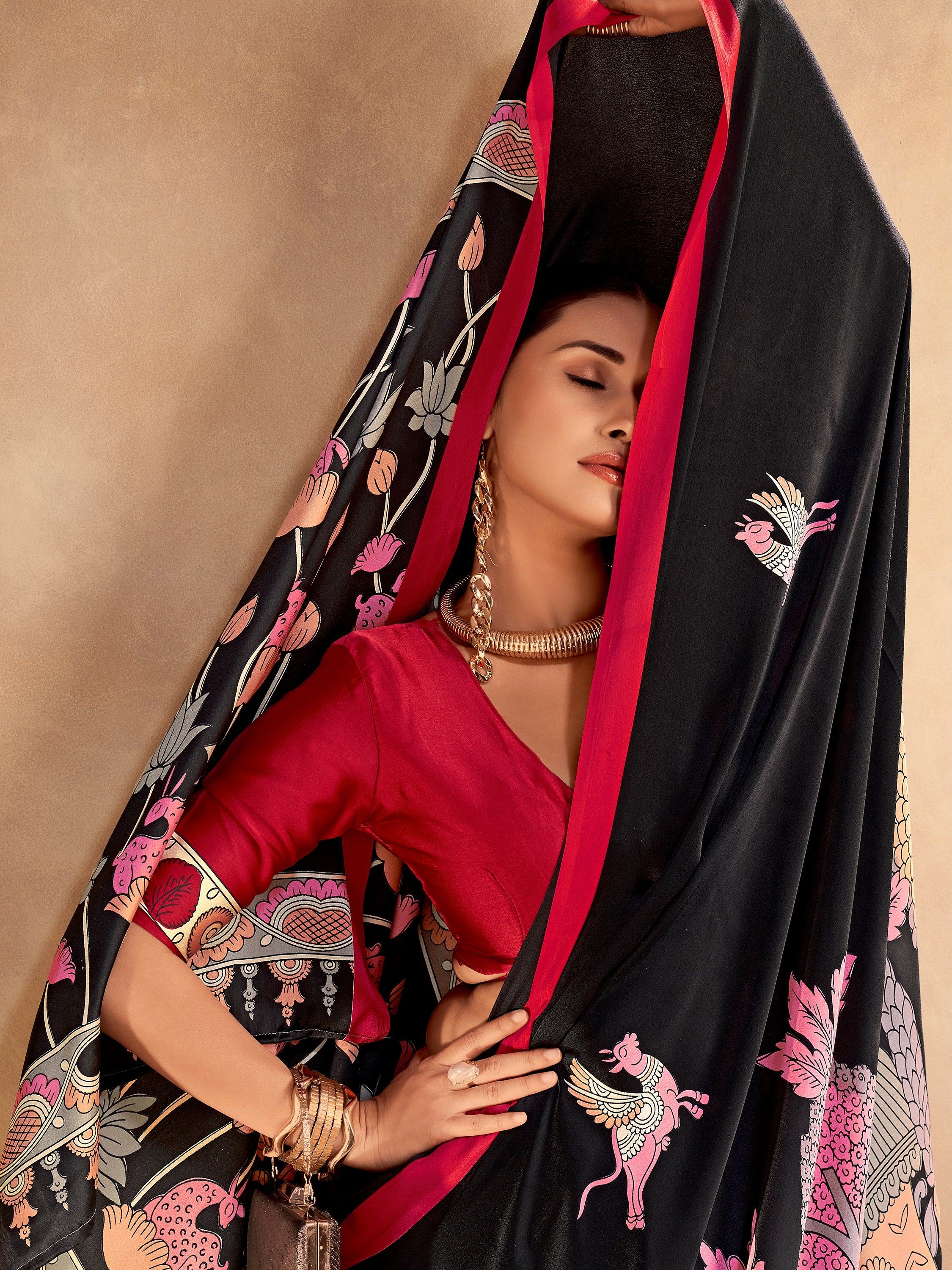 Incredible Black Kalamkari Print Satin Marriage Wear Saree With Blouse