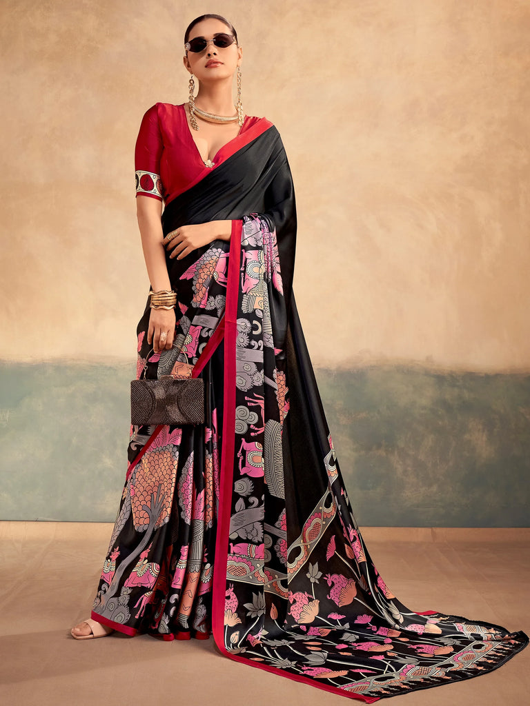 Incredible Black Kalamkari Print Satin Marriage Wear Saree With Blouse