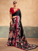 Incredible Black Kalamkari Print Satin Marriage Wear Saree With Blouse