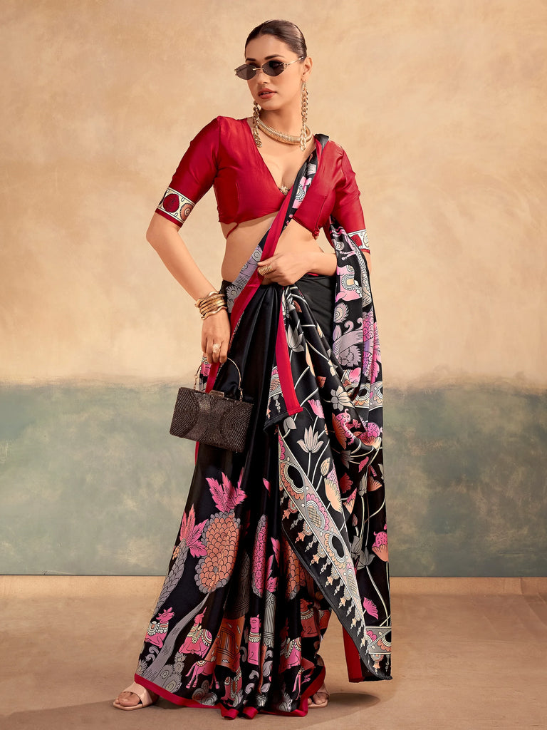 Incredible Black Kalamkari Print Satin Marriage Wear Saree With Blouse