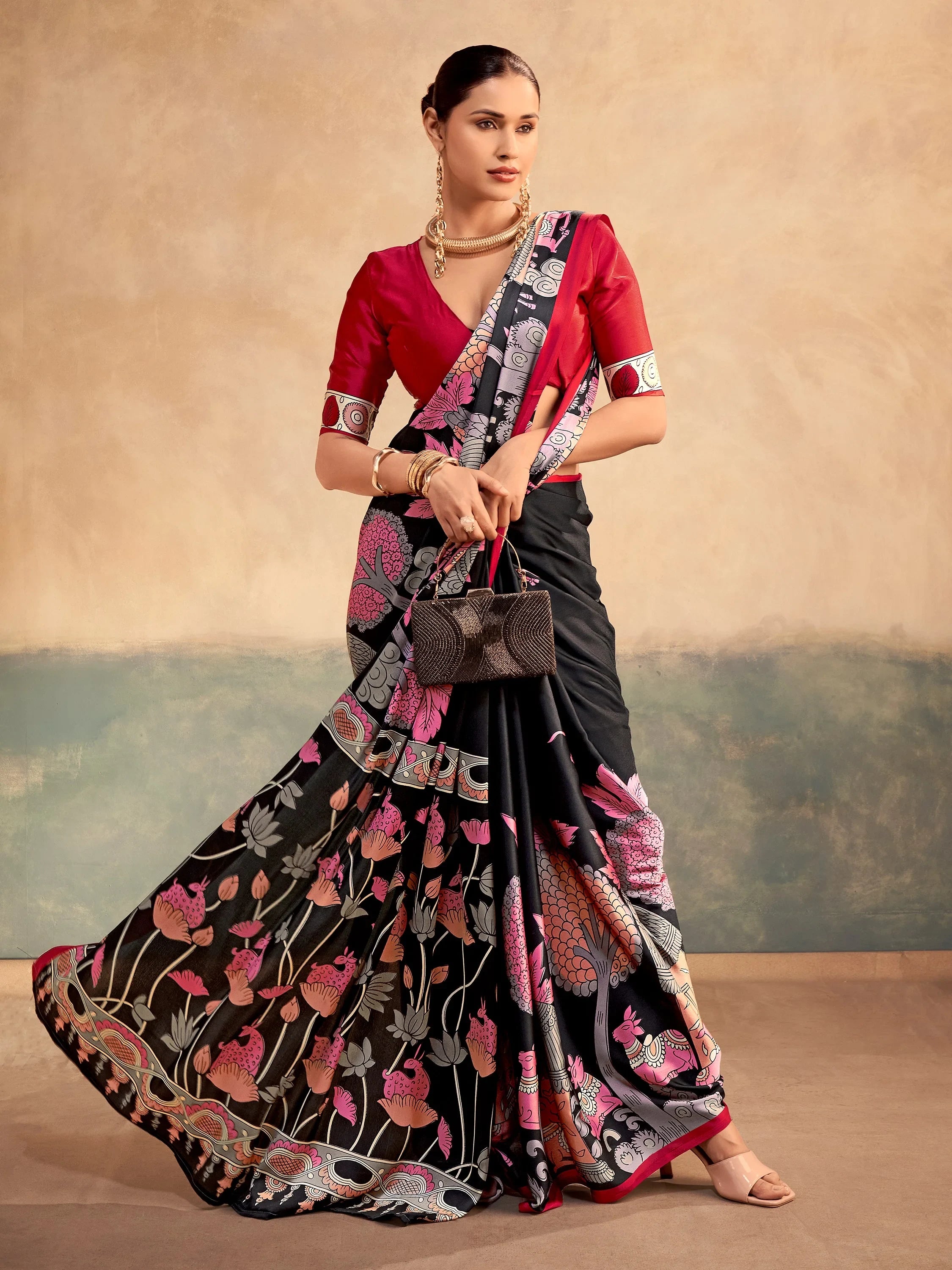 Incredible Black Kalamkari Print Satin Marriage Wear Saree With Blouse