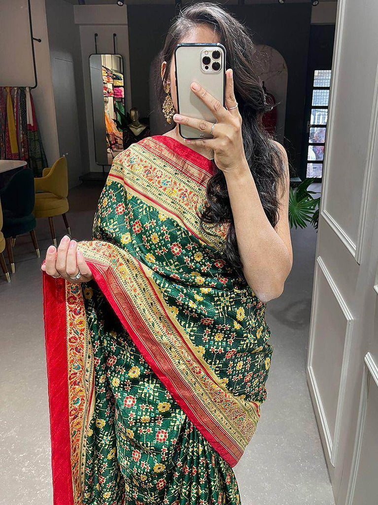 Fascinating Dark Green Patola Print Silk Festival Wear Saree With Blouse