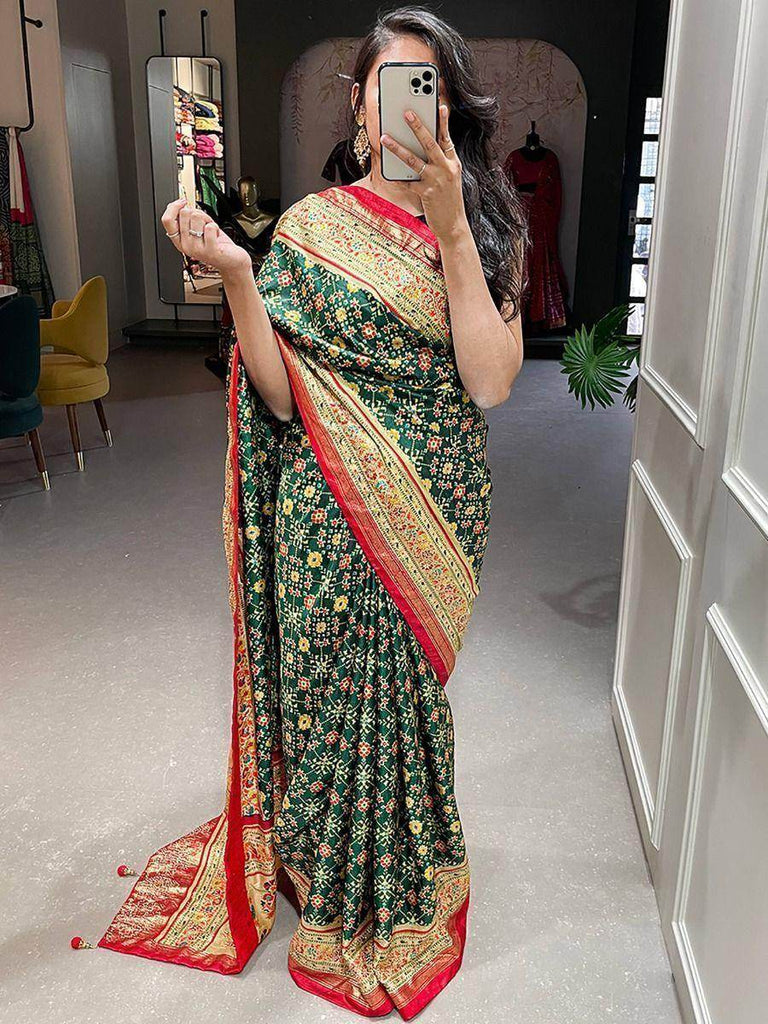 Fascinating Dark Green Patola Print Silk Festival Wear Saree With Blouse