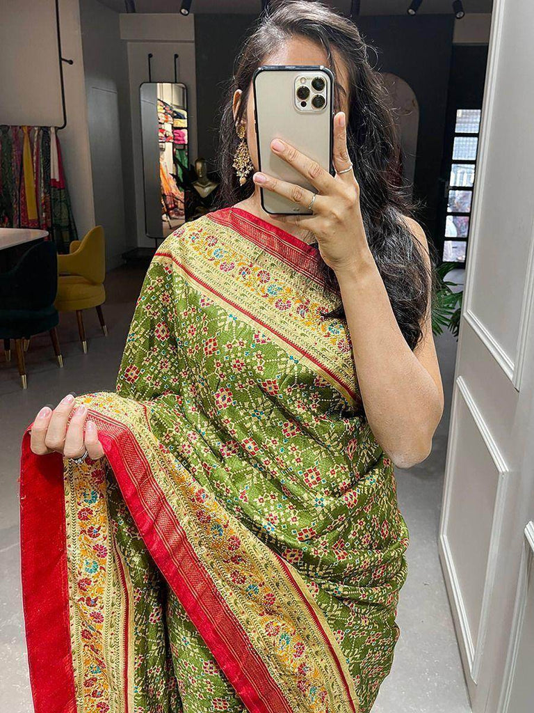 Mesmerizing Green Patola Print Silk Wedding Wear Saree With Blouse