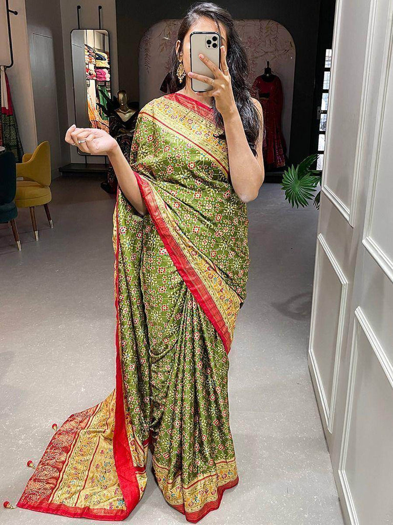 Mesmerizing Green Patola Print Silk Wedding Wear Saree With Blouse