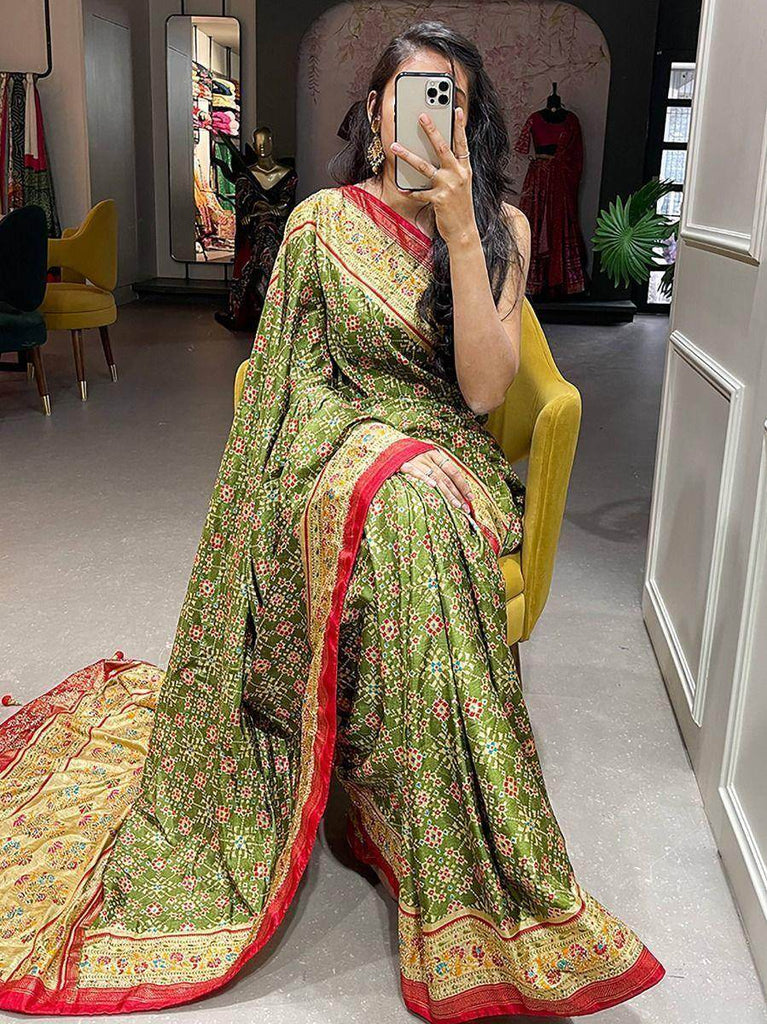Mesmerizing Green Patola Print Silk Wedding Wear Saree With Blouse