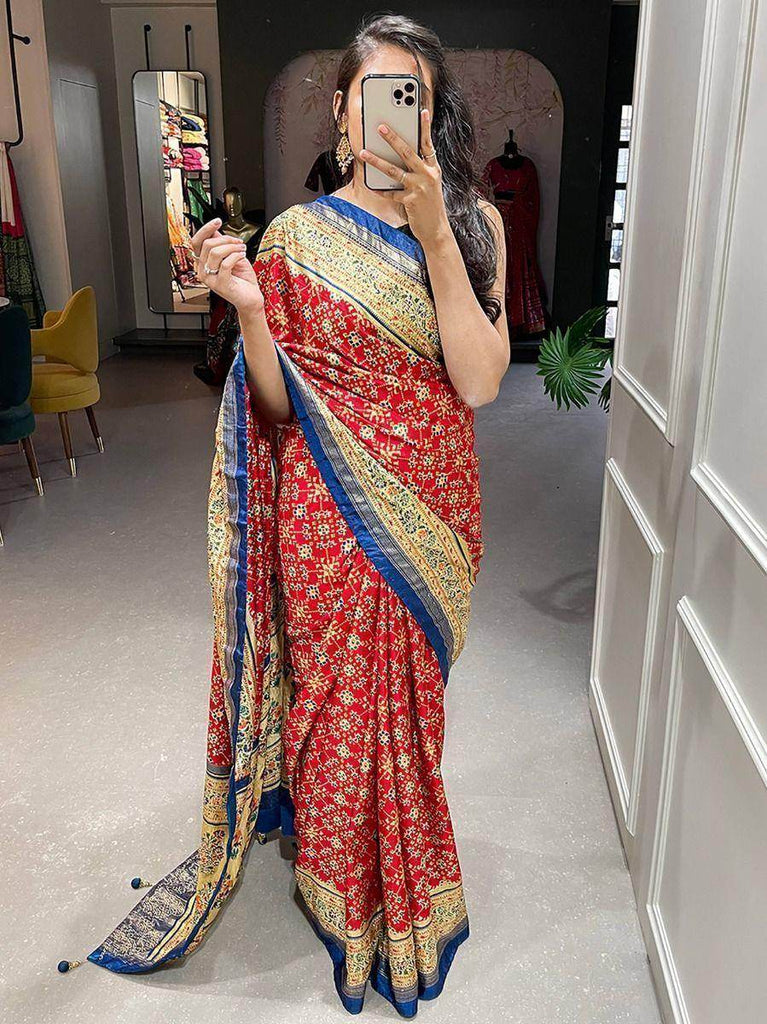 Attractive Red Patola Print Silk Wedding Wear Saree With Blouse