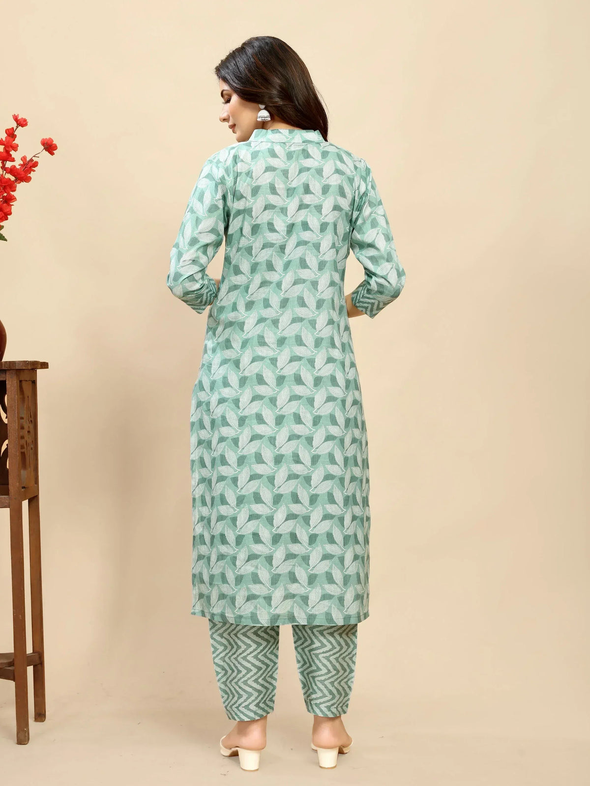 Mint green printed kurta with matching palazzo pants, ethnic wear for women