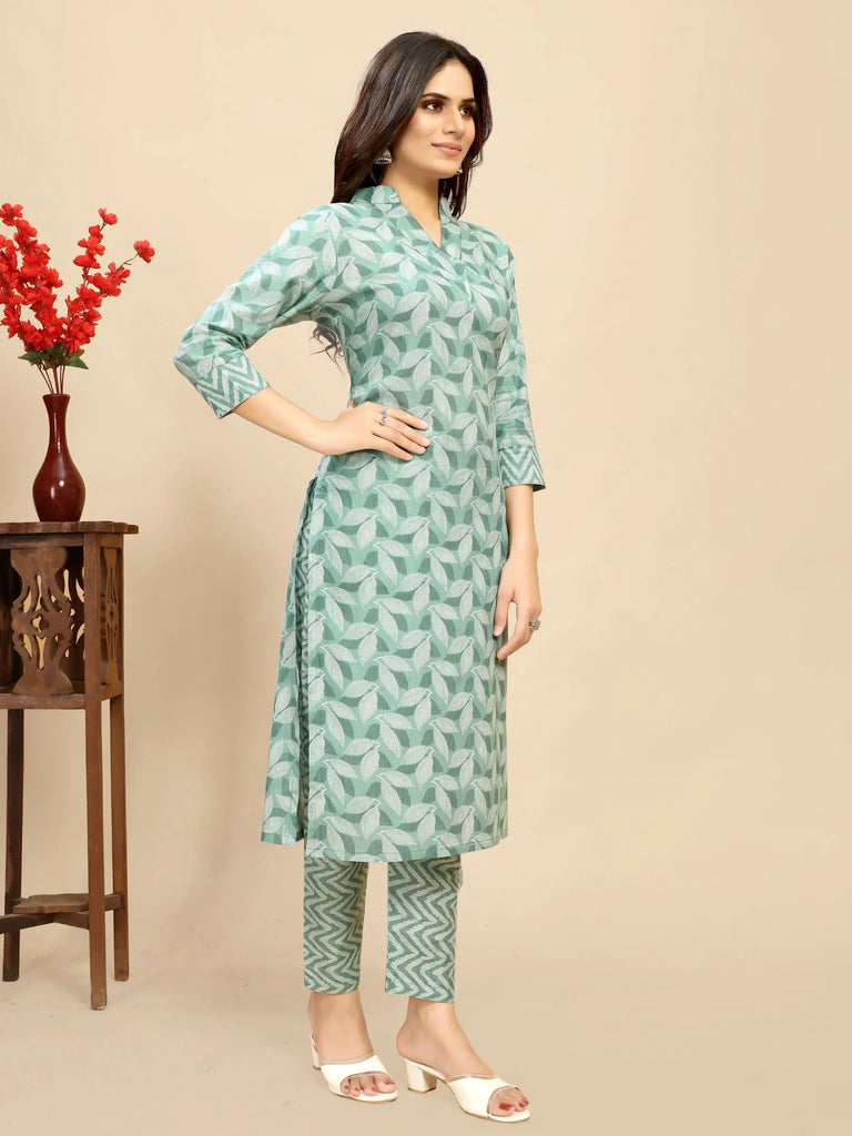 Wonderful Pastel Green Printed Cotton Daily Wear Kurta With Pant