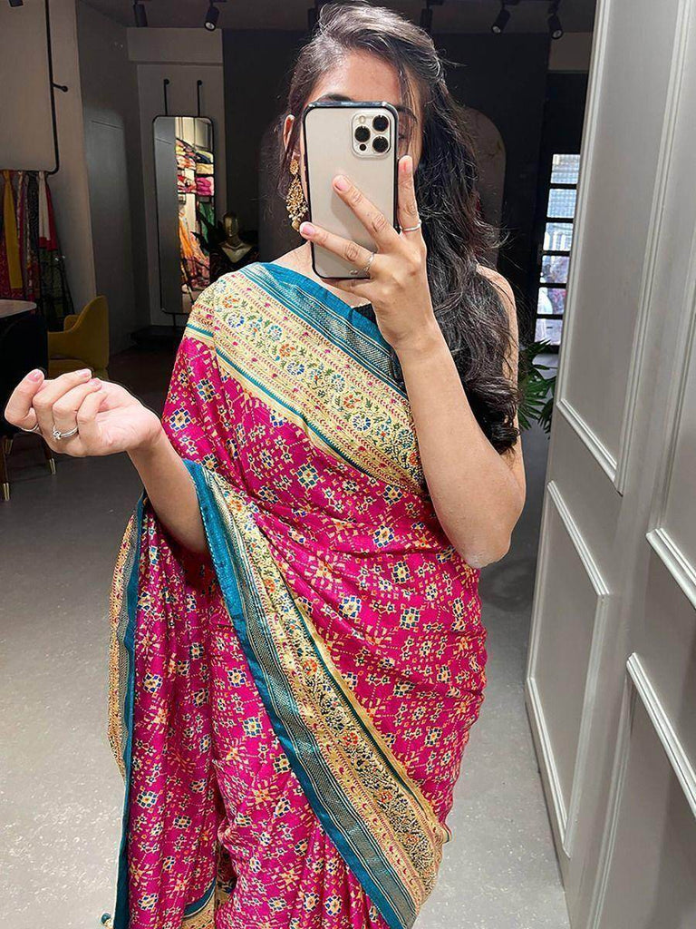 Captivating Pink Patola Print Silk Wedding Wear Saree With Blouse