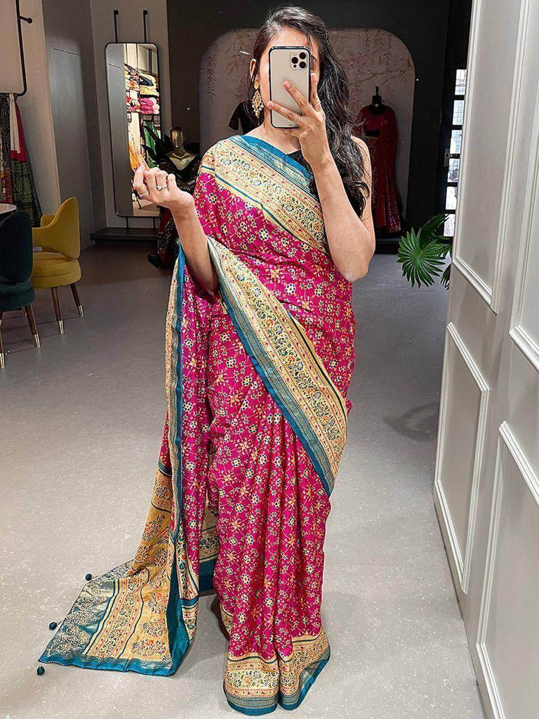 Captivating Pink Patola Print Silk Wedding Wear Saree With Blouse