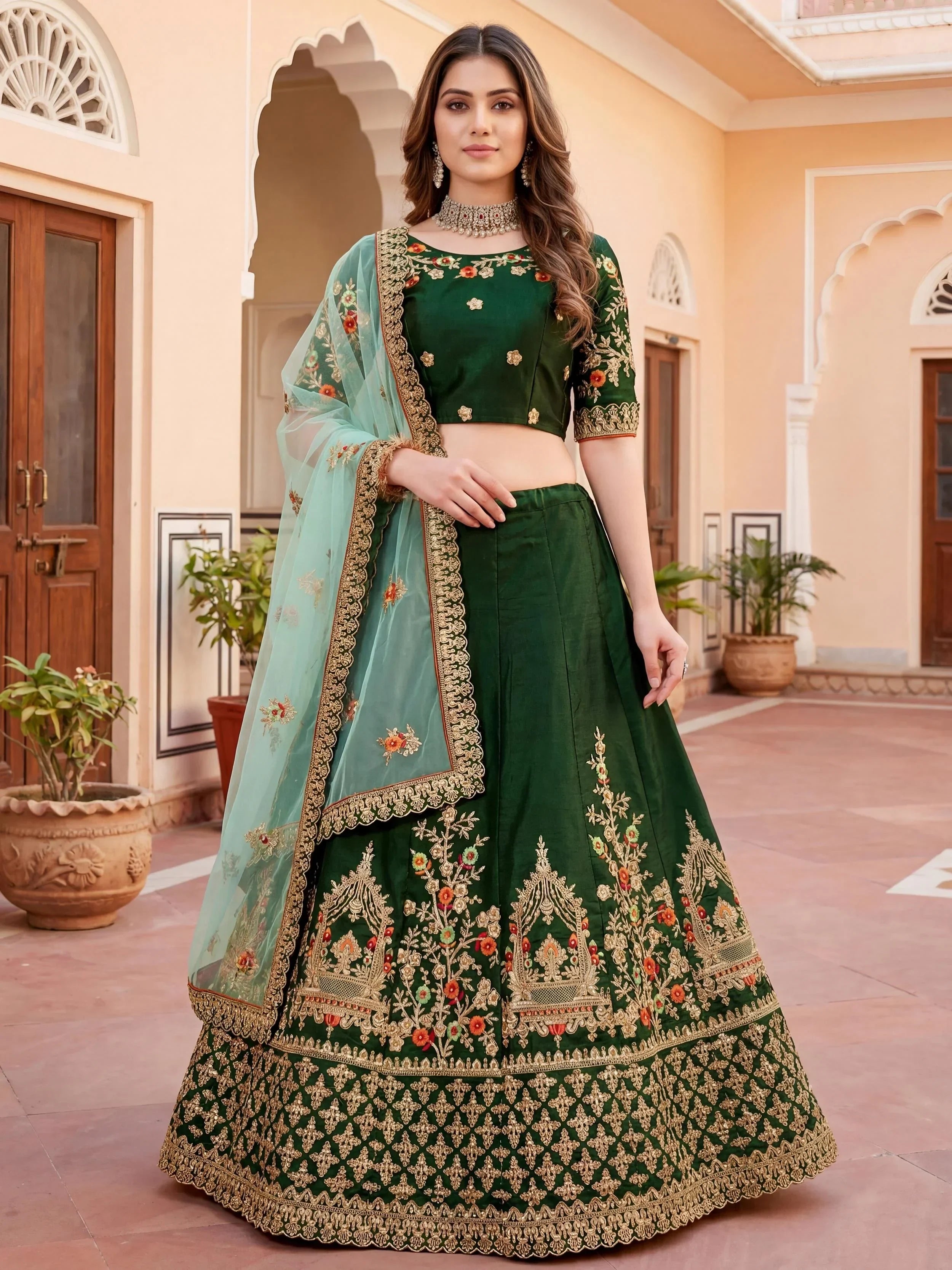 Graceful Green Thread Embroidered Silk Wedding Wear Lehenga Choli