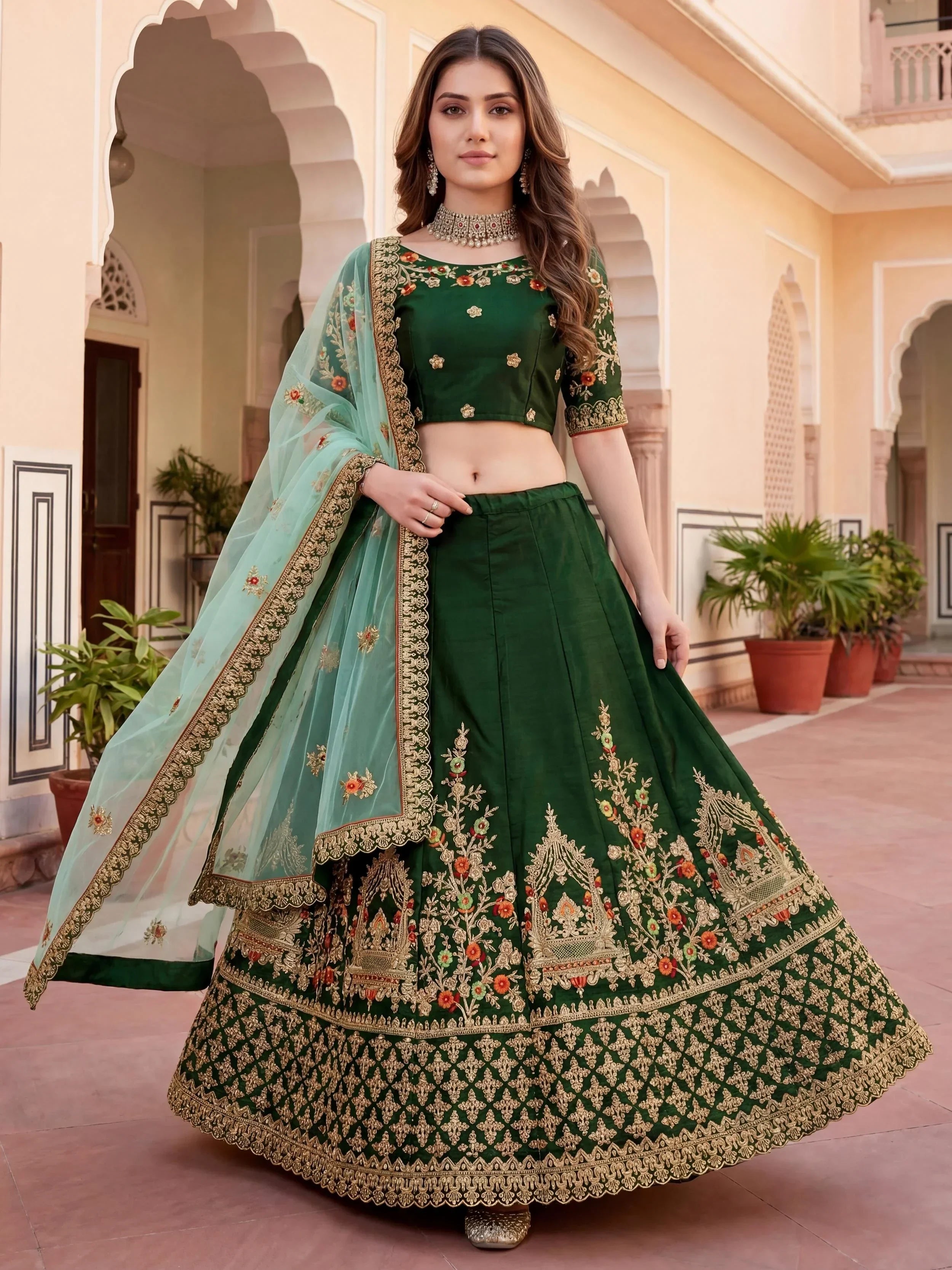 Graceful Green Thread Embroidered Silk Wedding Wear Lehenga Choli