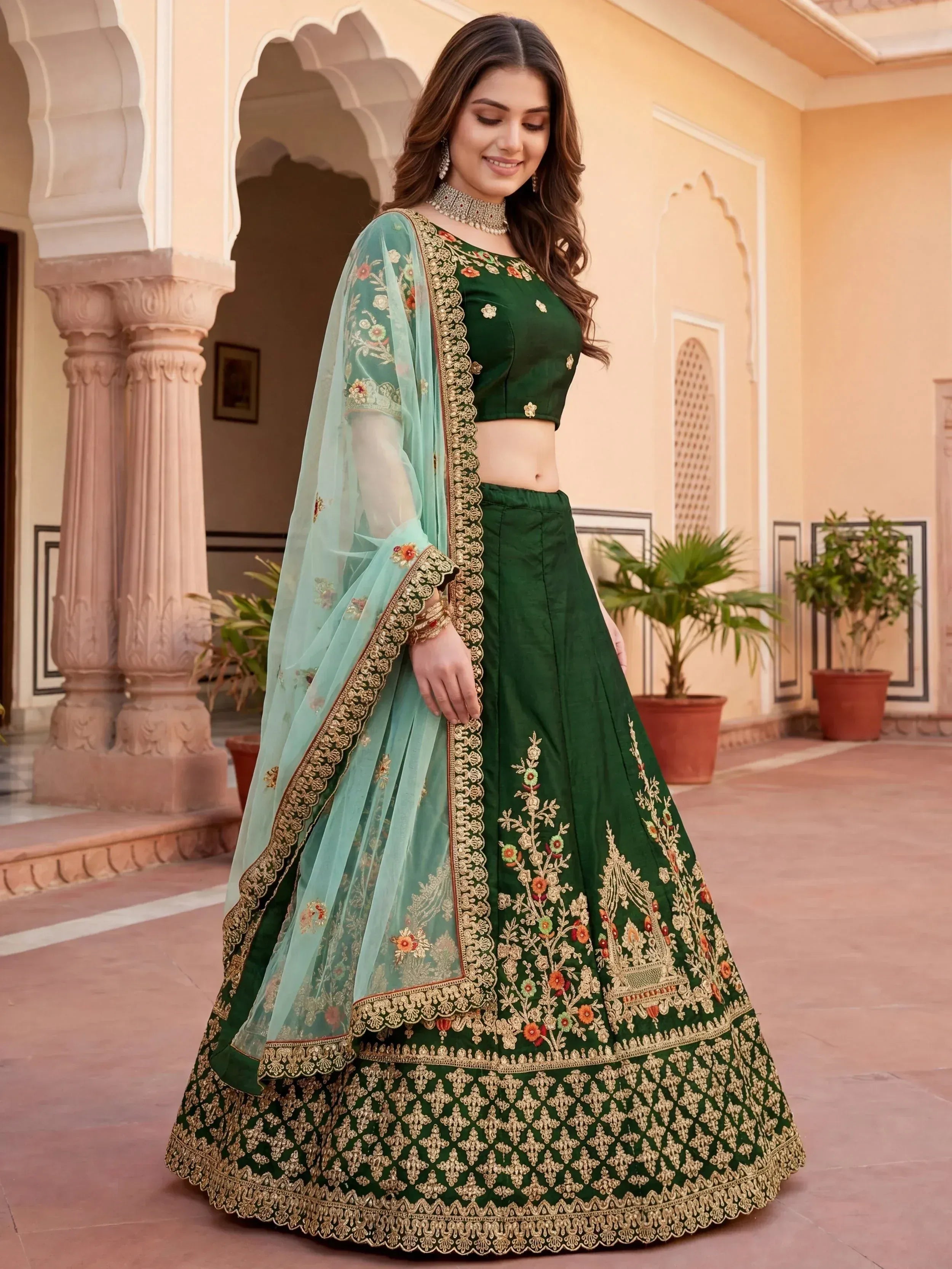 Graceful Green Thread Embroidered Silk Wedding Wear Lehenga Choli