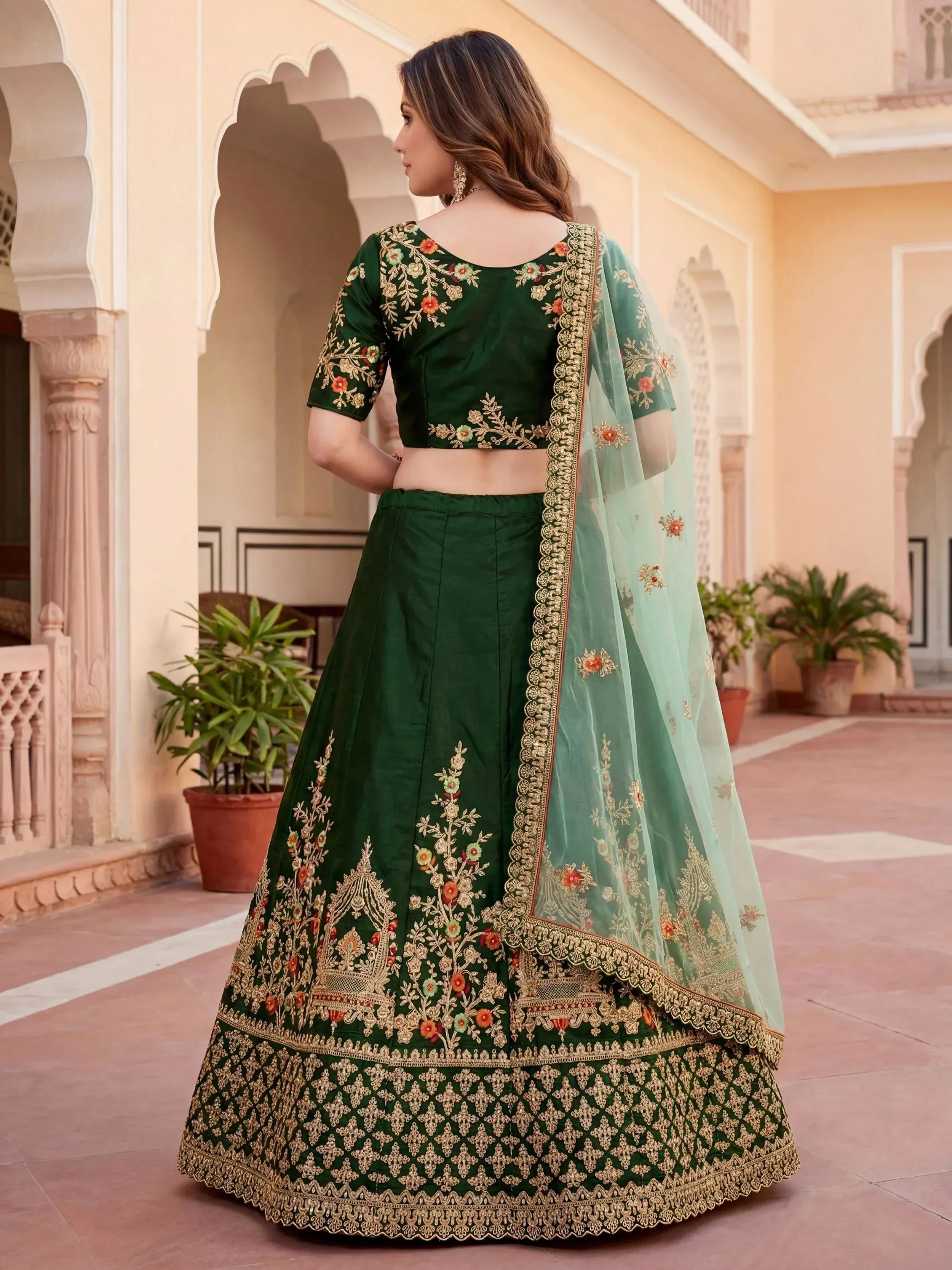 Graceful Green Thread Embroidered Silk Wedding Wear Lehenga Choli