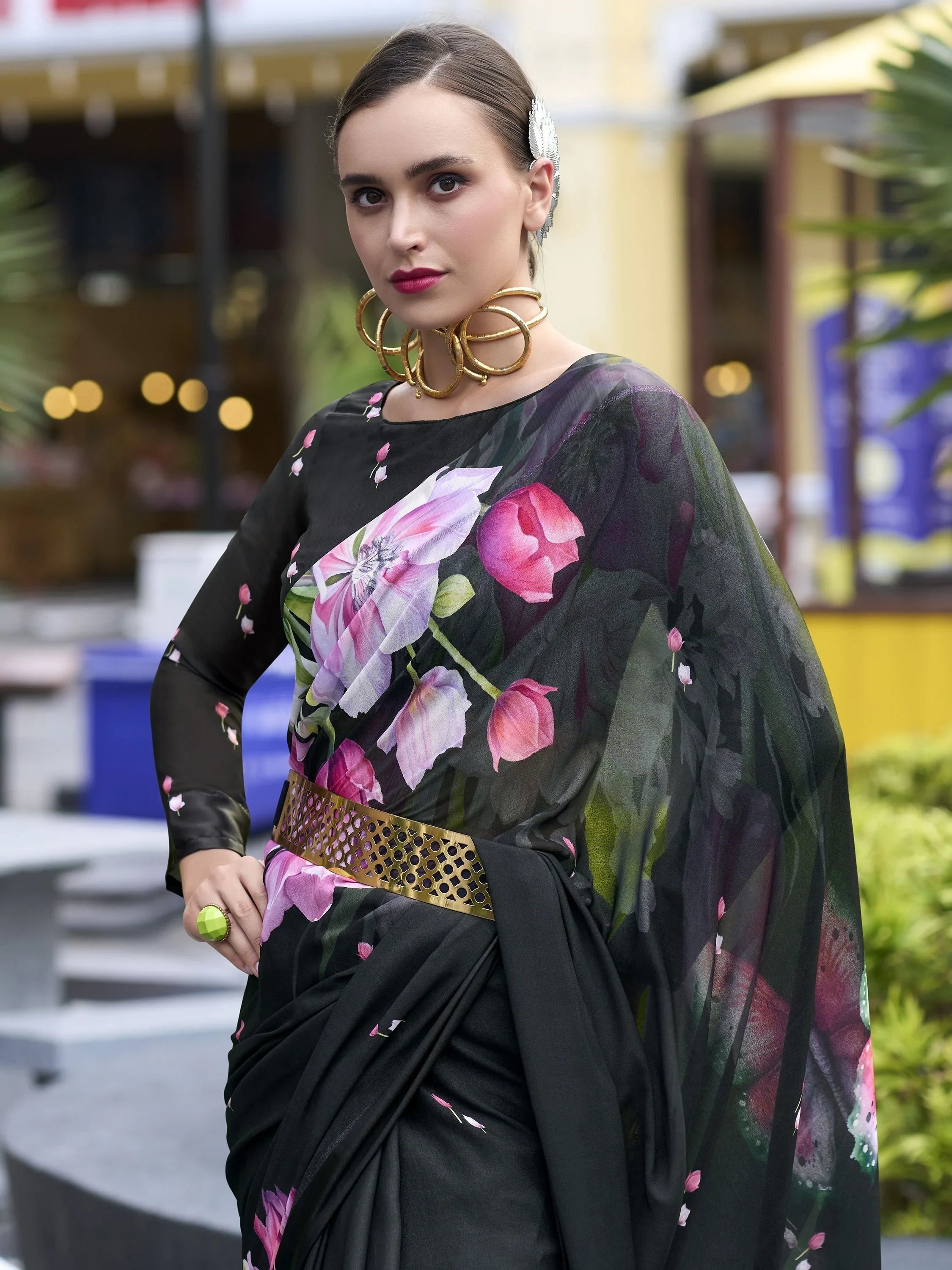 Beautiful Black Floral Printed Georgette Event Wear Saree With Blouse