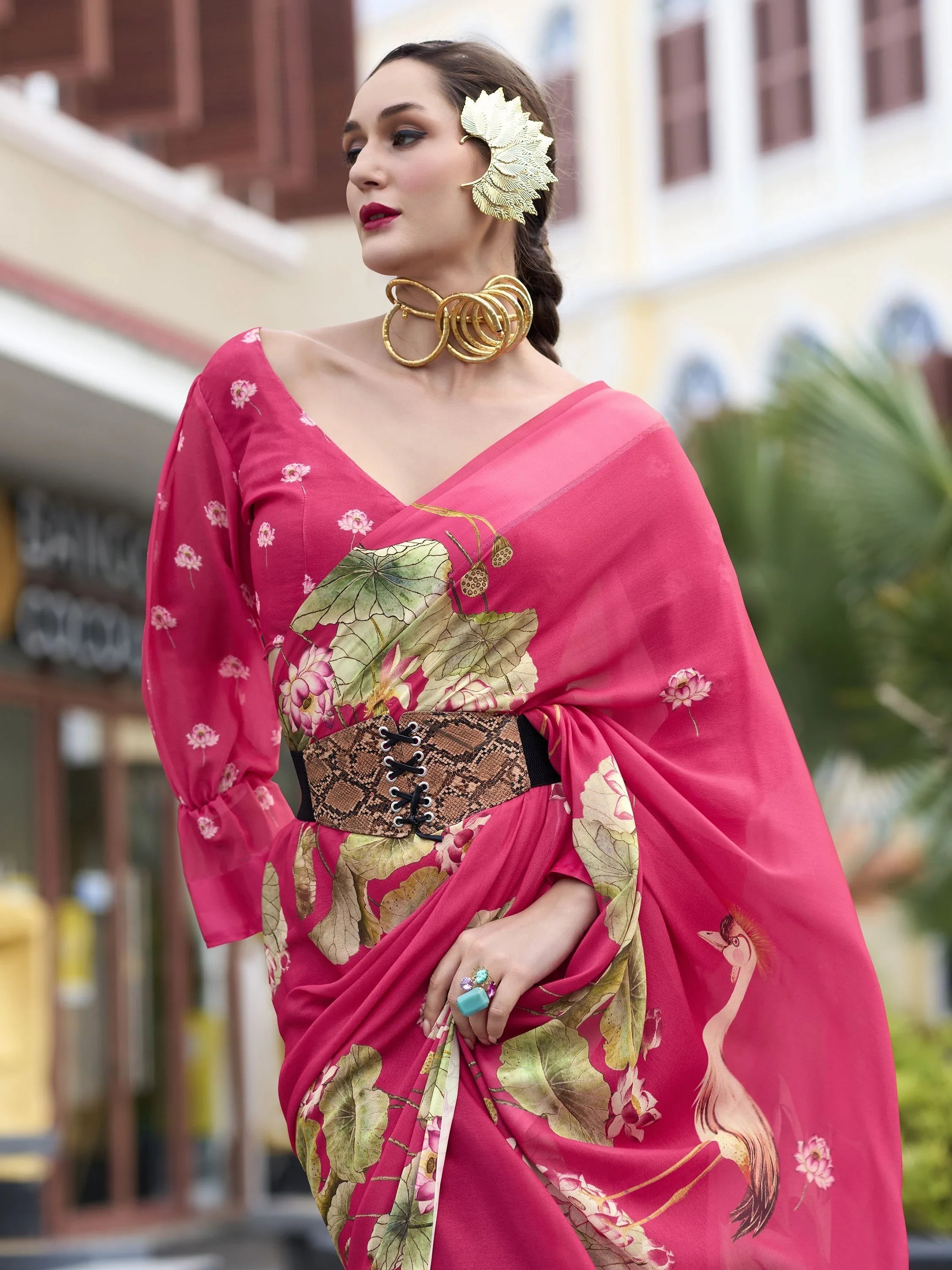 Lovely Pink Floral Printed Georgette Function Wear Saree With Blouse