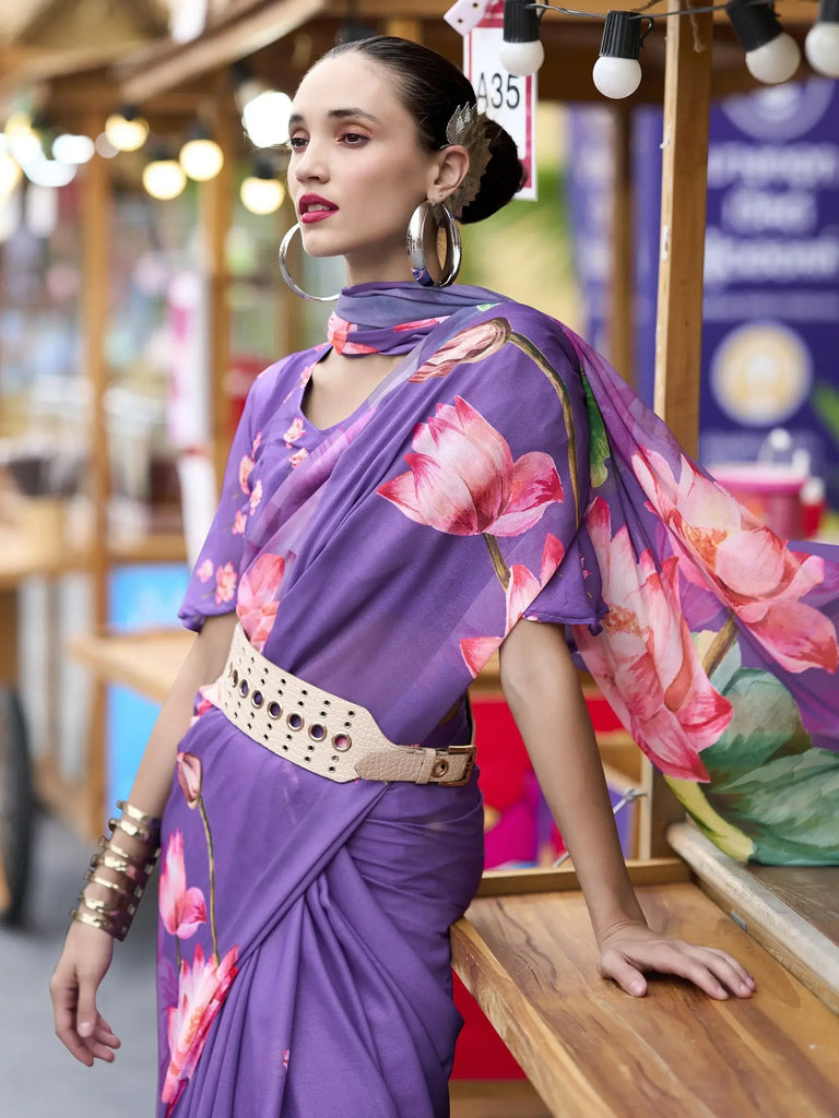 Precious Purple Printed Georgette Festival Wear Saree With Blouse