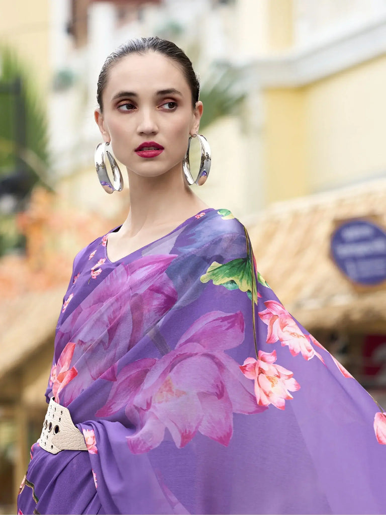 Precious Purple Printed Georgette Festival Wear Saree With Blouse