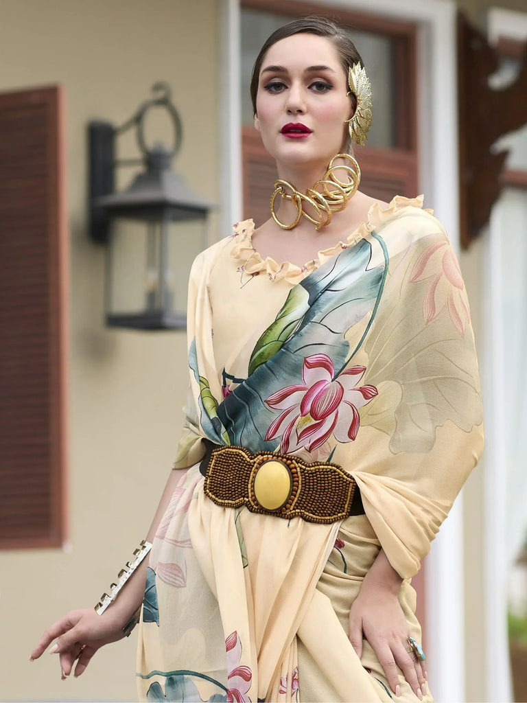 Endearing Beige Floral Printed Georgette Event Wear Saree With Blouse