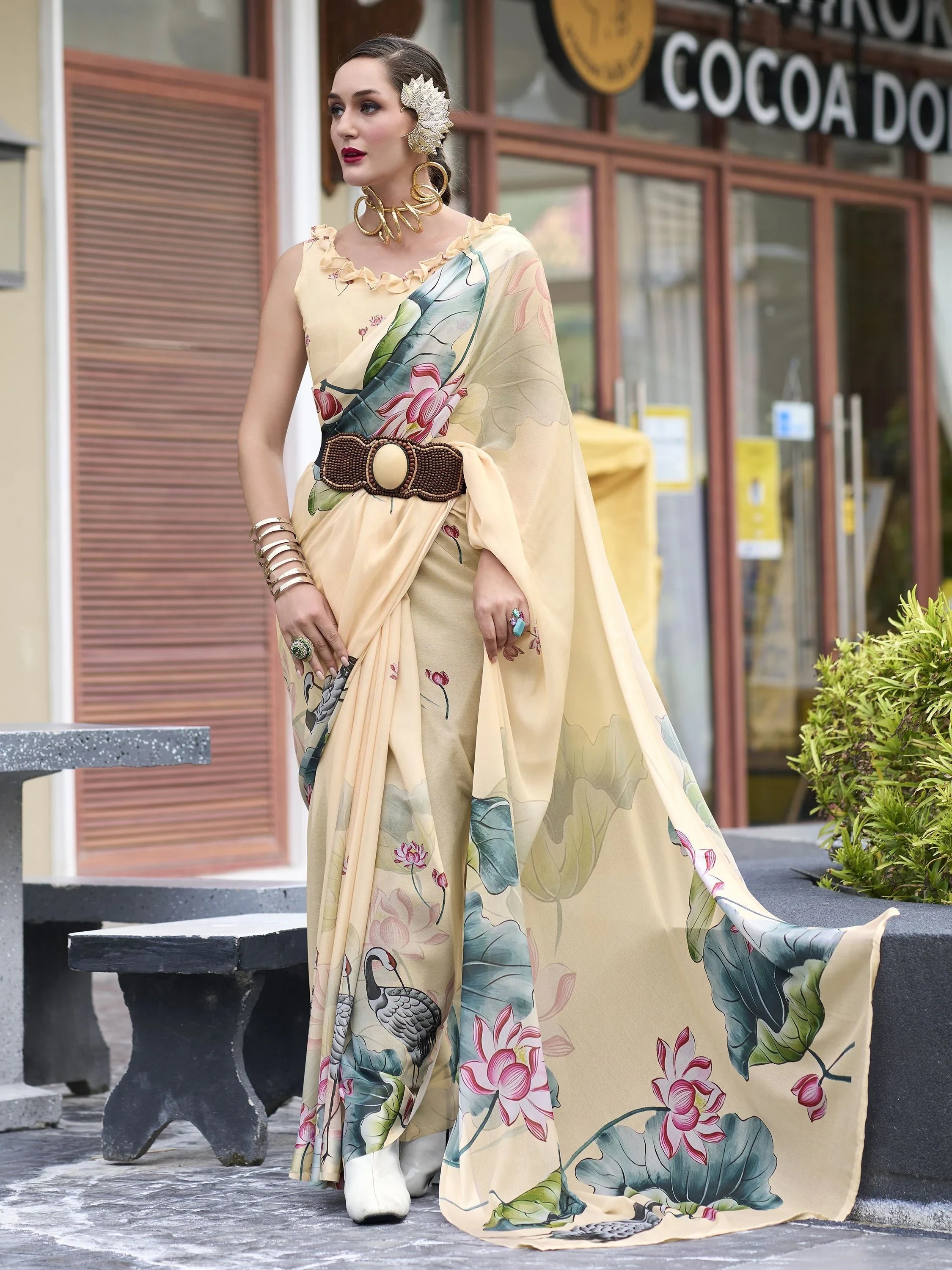 Endearing Beige Floral Printed Georgette Event Wear Saree With Blouse