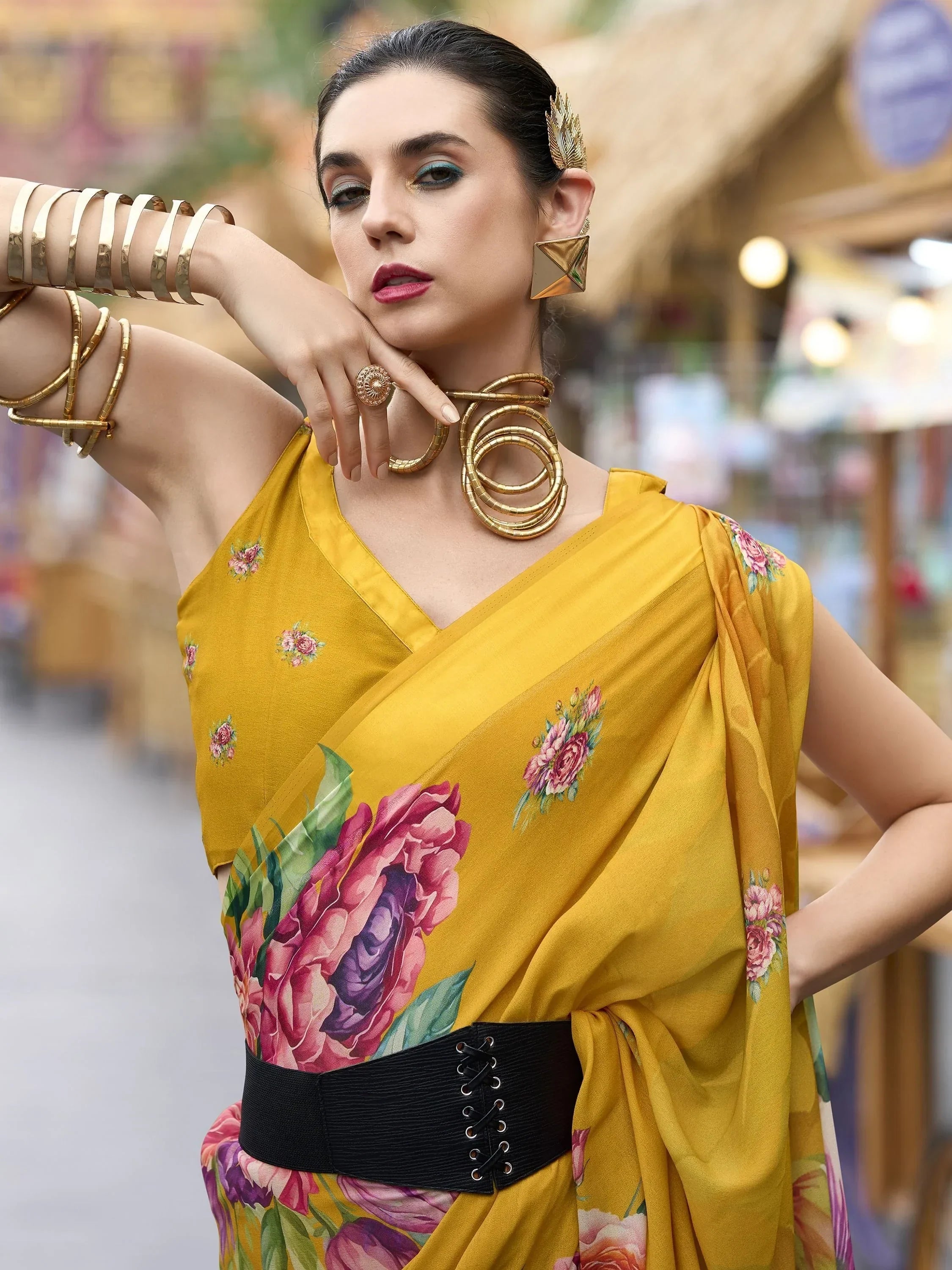 Winning Mustard Floral Printed Georgette Haldi Wear Saree With Blouse