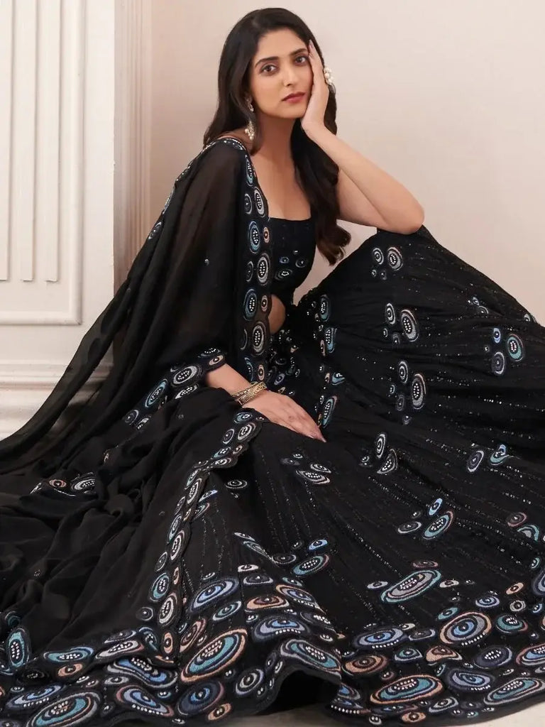 Enchanting Black Thread Embroidered Georgette  Events Lehenga Choli