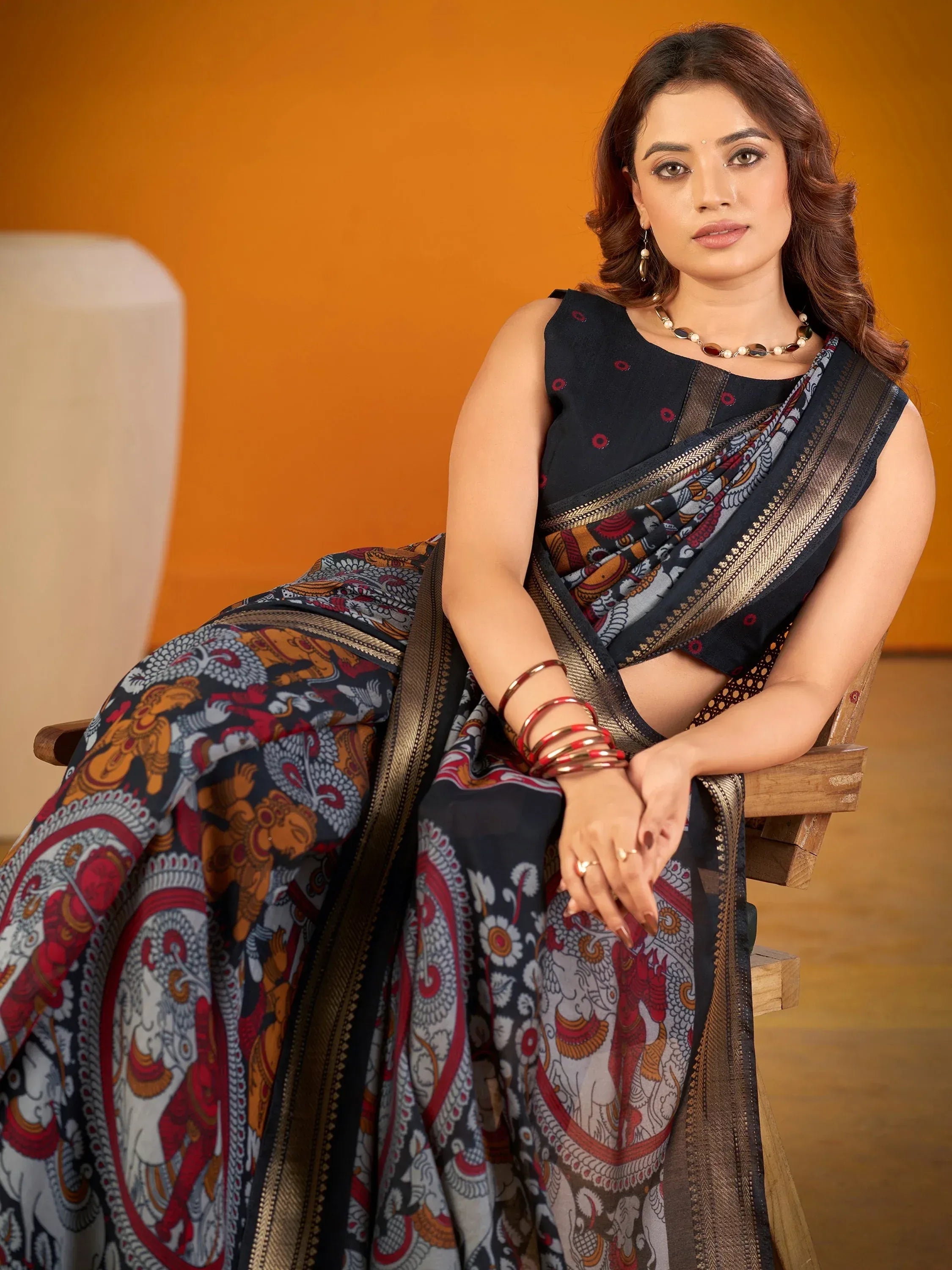 Outstanding Black Kalamkari Print Chanderi Marriage Wear Saree With Blouse