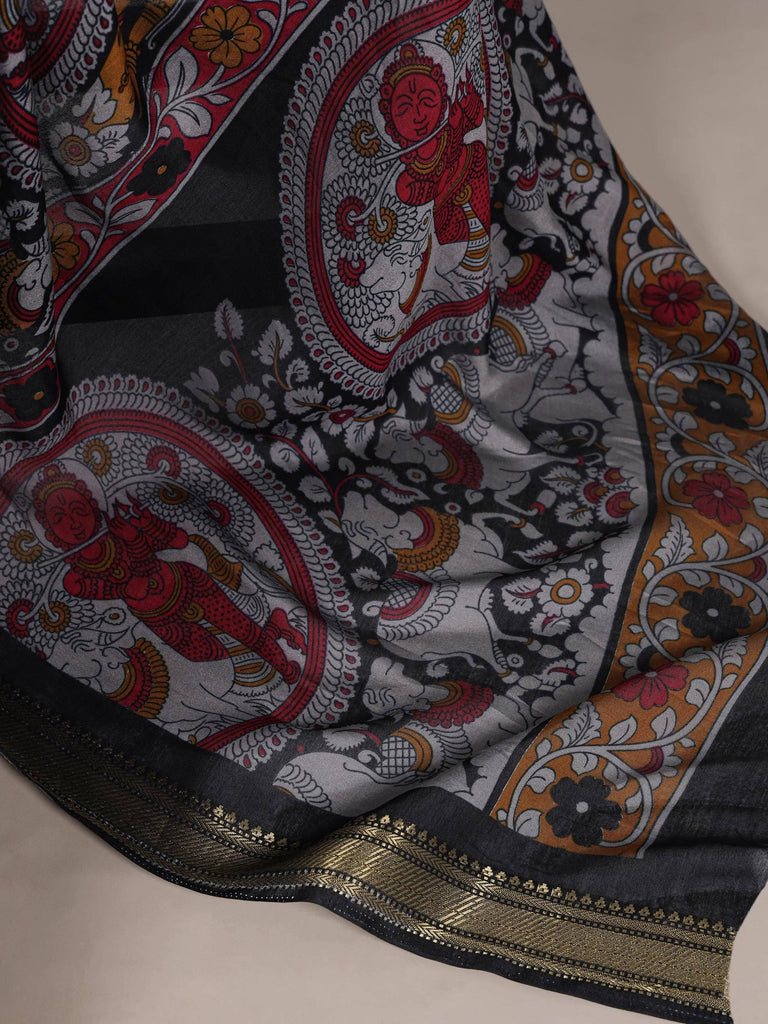 Outstanding Black Kalamkari Print Chanderi Marriage Wear Saree With Blouse