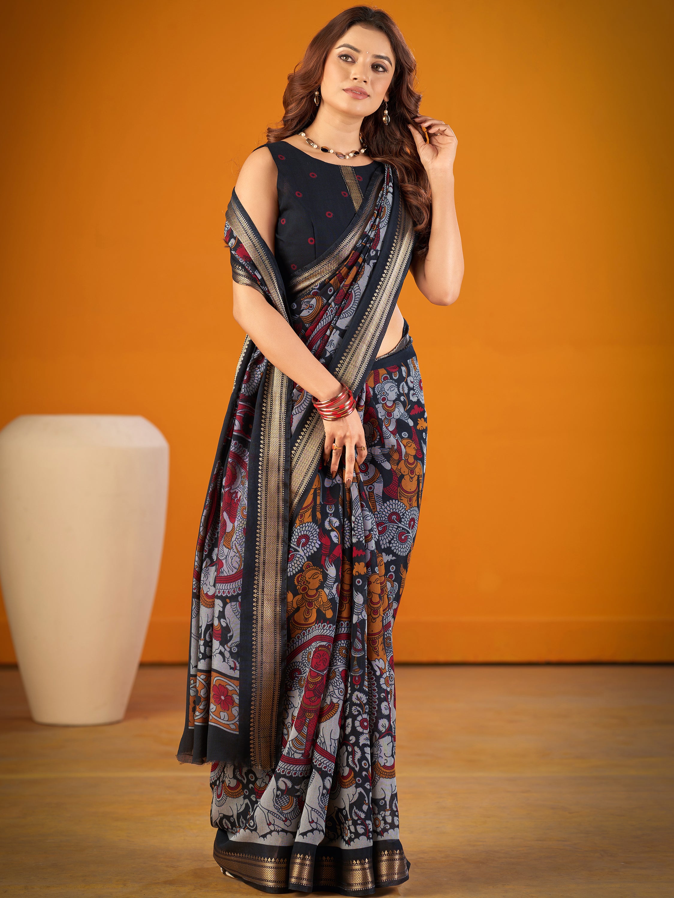 Outstanding Black Kalamkari Print Chanderi Marriage Wear Saree With Blouse