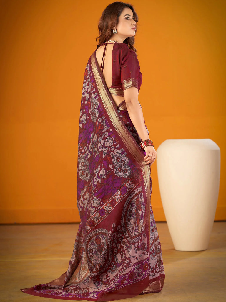 Spectacular Maroon Kalamkari Print Chanderi Wedding Wear Saree With Blouse