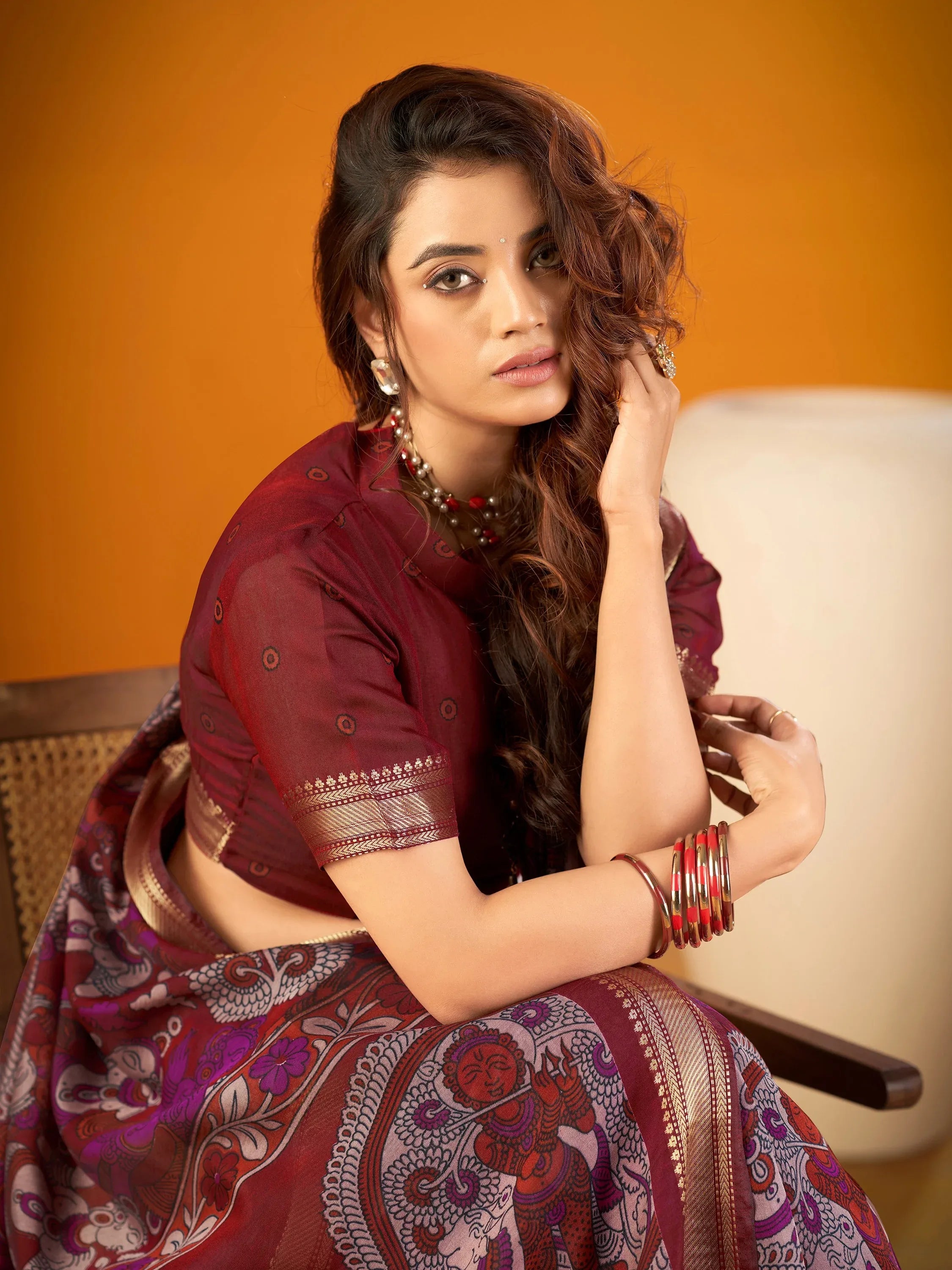 Spectacular Maroon Kalamkari Print Chanderi Wedding Wear Saree With Blouse