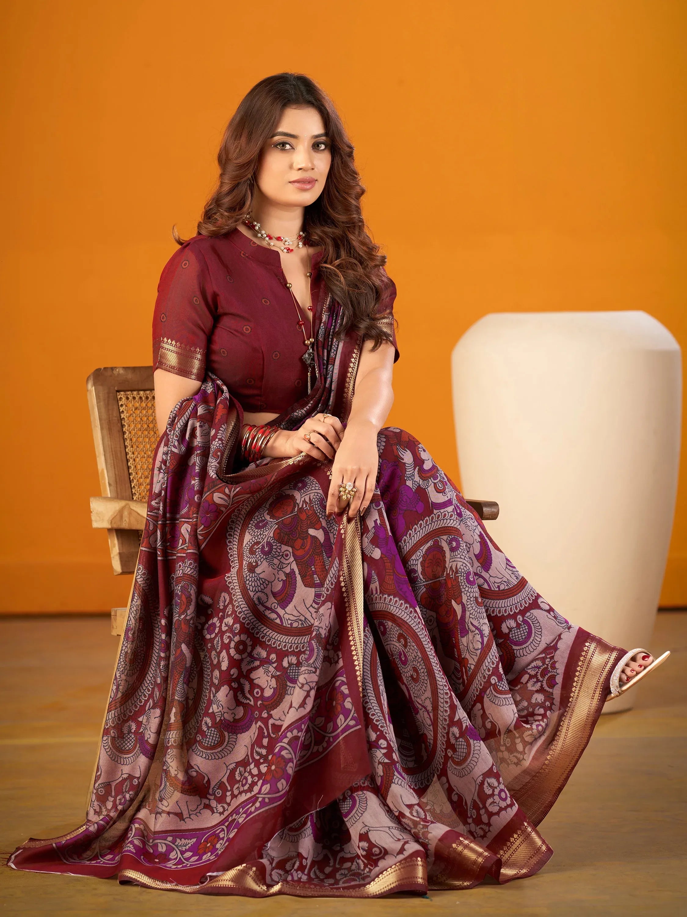Spectacular Maroon Kalamkari Print Chanderi Wedding Wear Saree With Blouse